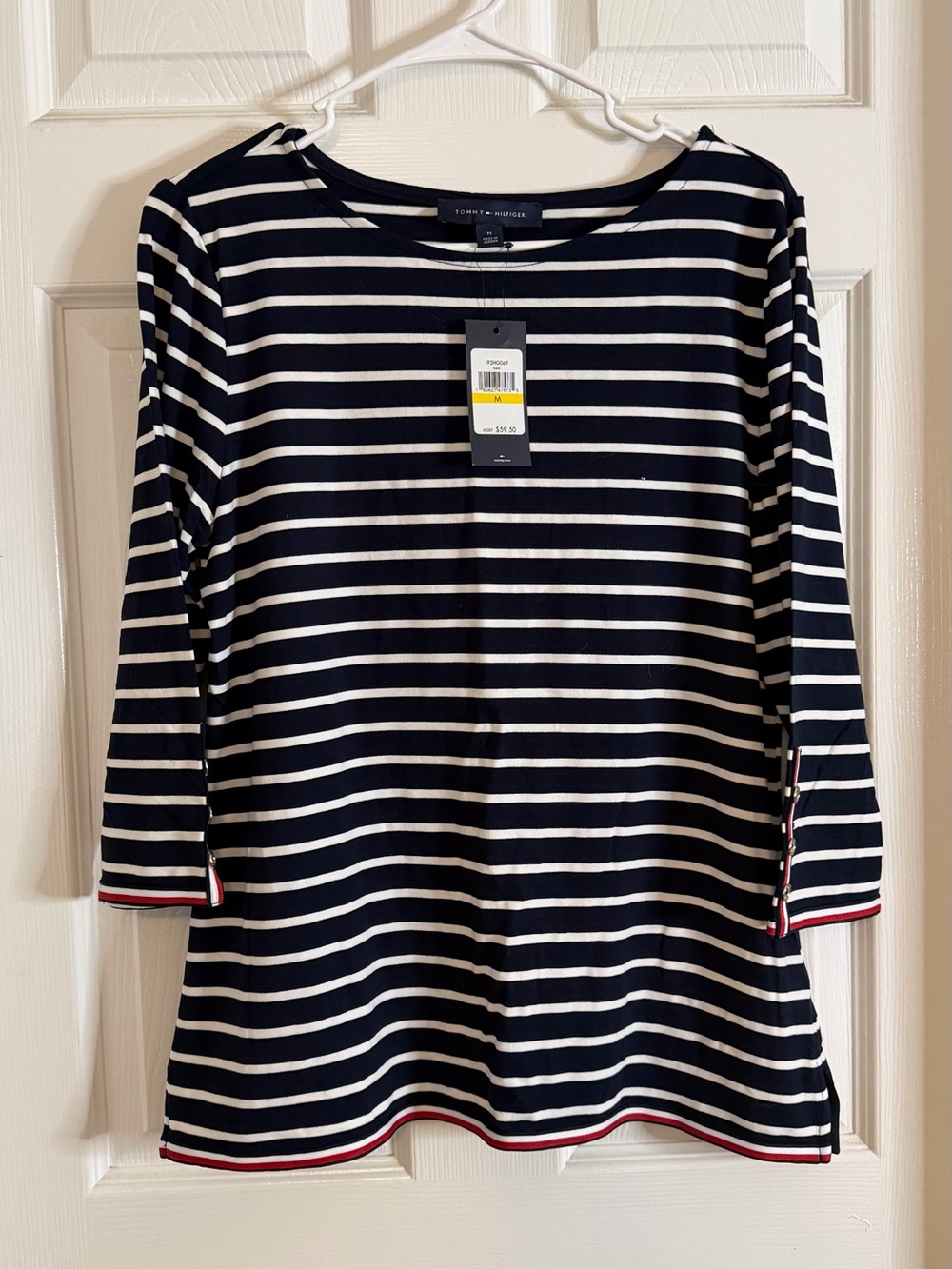 Tommy Hilfiger Navy and White Striped Long Sleeve Tee with Red Trim